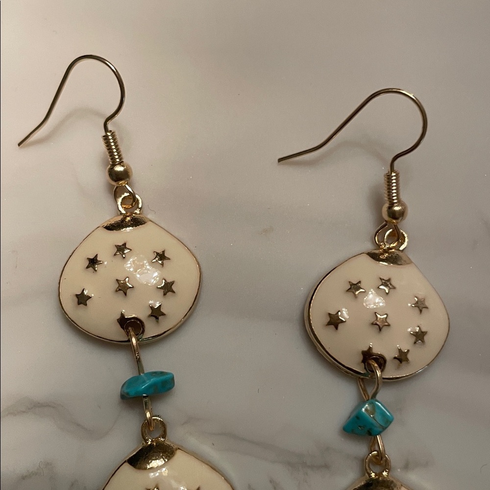 Elegant Gold and White Star Shell And Turquoise Stone Dangle Earrings - Picture 6 of 11